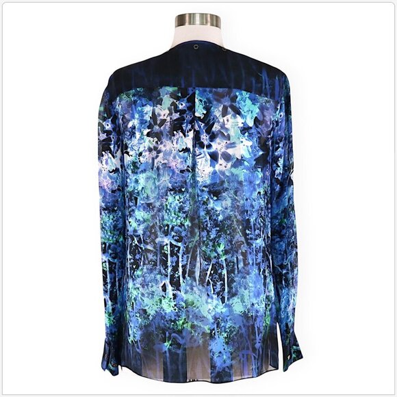 Elie Tahari Lydia Leather Trimmed Floral Snap Front Silk Blue Top Blouse XS - Picture 6 of 7